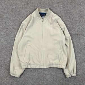 London Fog Beige Tan Micro-Suede Lightweight Bomber Jacket Mens L Full Zip Retro